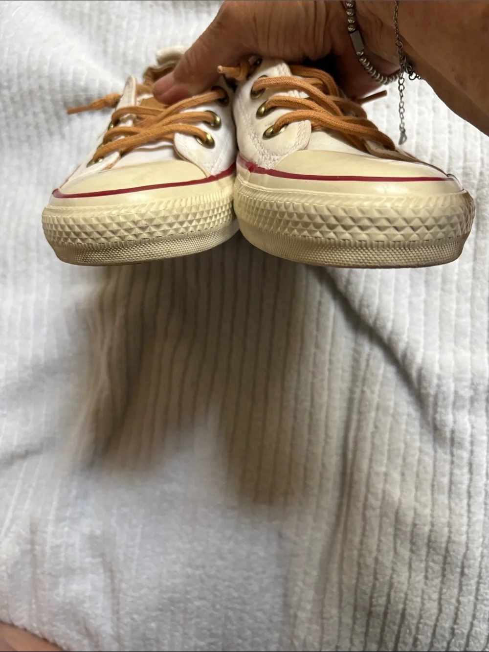 Converse Low-Top Canvas Sneakers in Cream with Tan Laces and Red Trim
